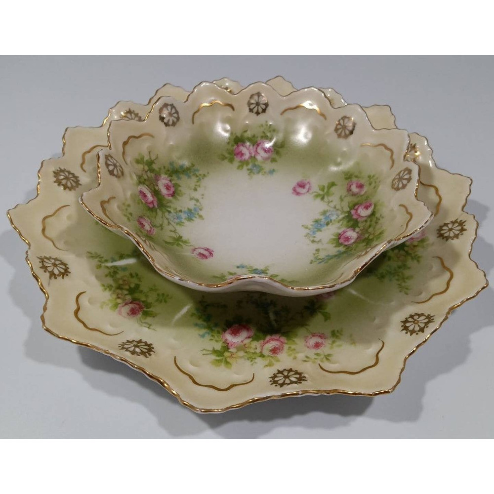 Antique MZ Austria Handpainted Floral Bowl & Charger plate
